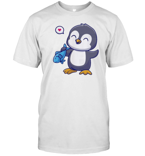 Cute Penguin Holding Fish Cartoon T-Shirt