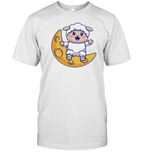 Cute Sheep Sitting On Moon Cartoon T-Shirt