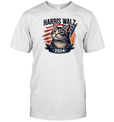 Harris Walz 2024 Cute Cat Kamala Harris And Tim Walz Flag America T-Shirt