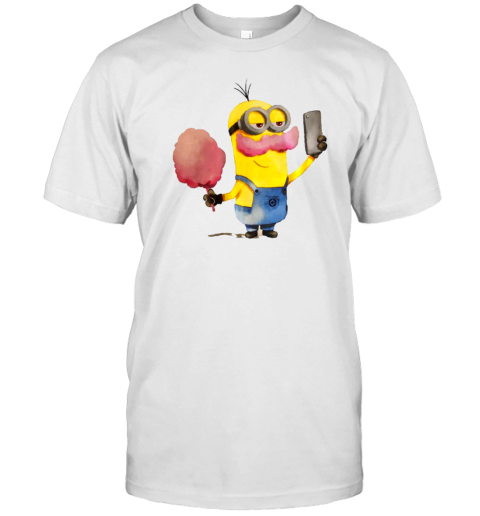 Minion With Pink Mustache And Cotton Candy Holding A Phone T-Shirt