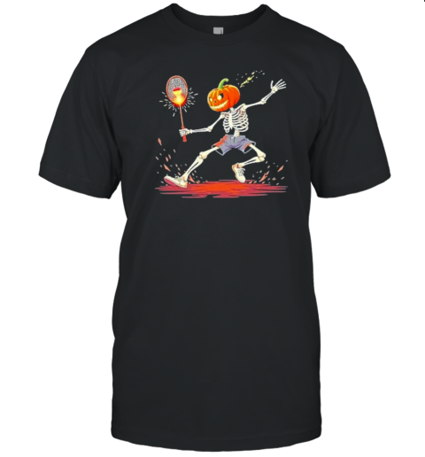 Pumpkin Head Skeleton Badminton Halloween Spooky Sports T-Shirt