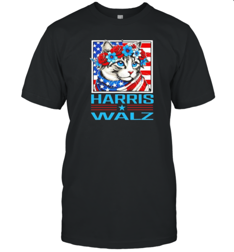 Harris Walz Cat Lady With Floral Headband USA Flag T-Shirt