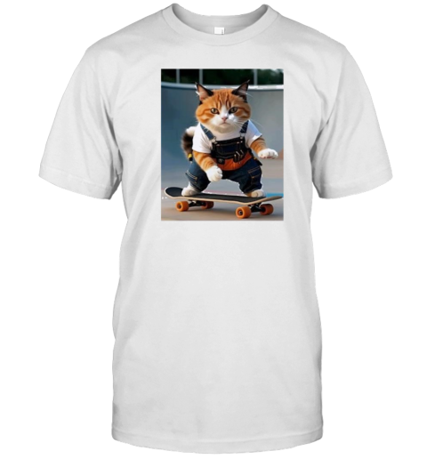 Skateboarding Orange Cat In Construction Gear Cute And Humorous Scene T-Shirt