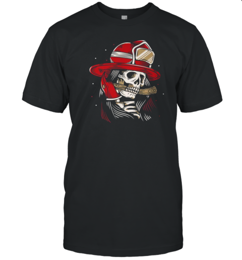 Skeleton Firefighter Lazy Halloween Costume Skull Fireman T-Shirt