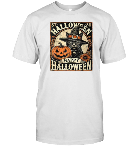 Vintage Halloween Black Cat With Witches Hat T-Shirt