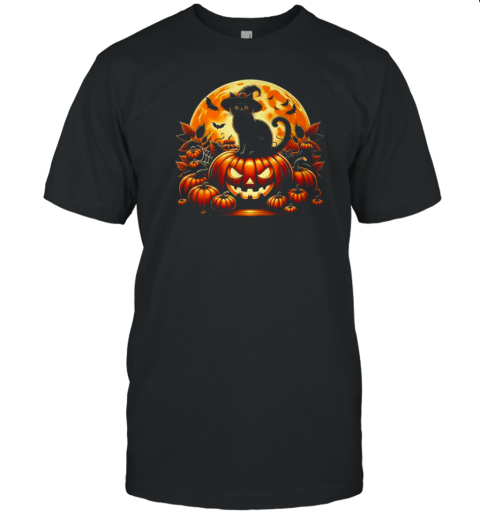 Black Cat On Pumpkin Scary Halloween Black Cat Costume T-Shirt