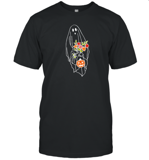 Halloween Ghost Holding Flowers Pumpkin T-Shirt