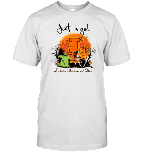 Just A Girl Who Love Halloween And Illinois Fighting Illini Football T-Shirt