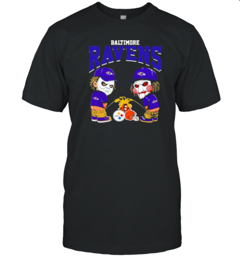 Michael Myers And Billy He Puppet X Baltimore Ravens Pee On NFL Eams Halloween T-Shirt