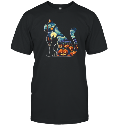 Black Cat Pumpkin Starry Sky Halloween Teacher T-Shirt