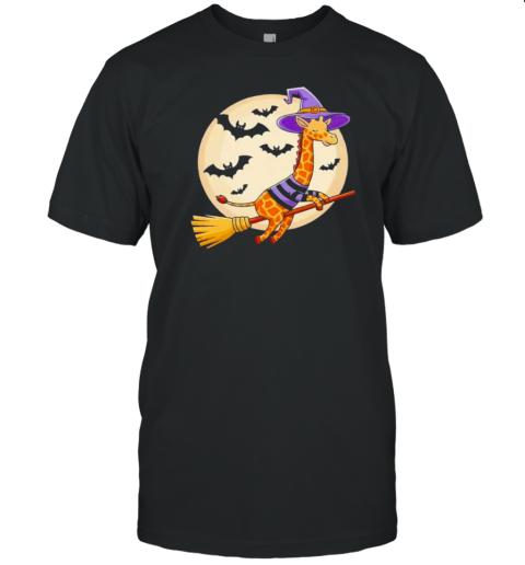 Giraffe Ride Witch Broom Halloween T-Shirt