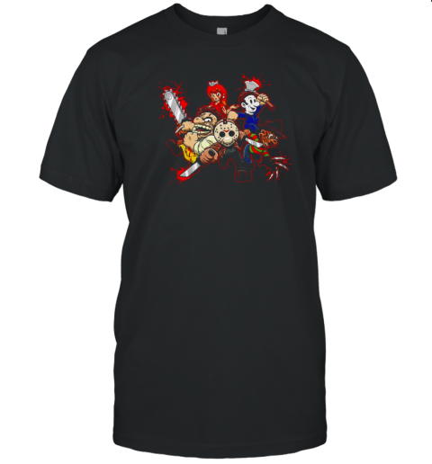 Carrie Leatherface Michael Myers Jason Voorhees and Freddy Krueger X the characters Super Mario Bros Super Maniac World T-Shirt