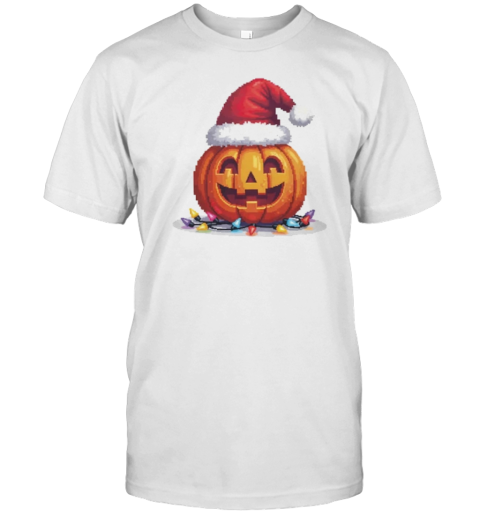 Pumpkin With Santa Hat And Christmas Lights Pixel Art T-Shirt