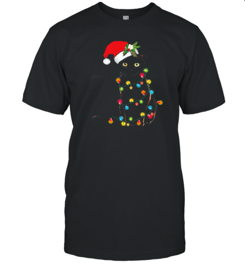 Santa Black Cat Tangled Up In Christmas Tree Lights Holiday T- Classic Men's T-shirt