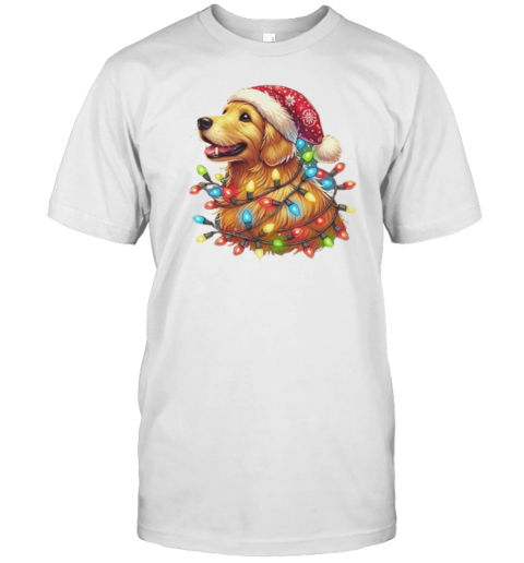 Cheerful Christmas Pup Golden Retriever In Lights T-Shirt