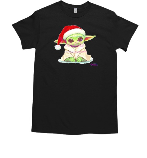 Baby Yoda Star War Christmas Santa Hat Watercolor T-Shirt