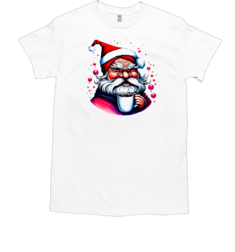 Black and White Drawing of Santa Claus with Coffee Cup and Festive Atmosphere T-Shirt