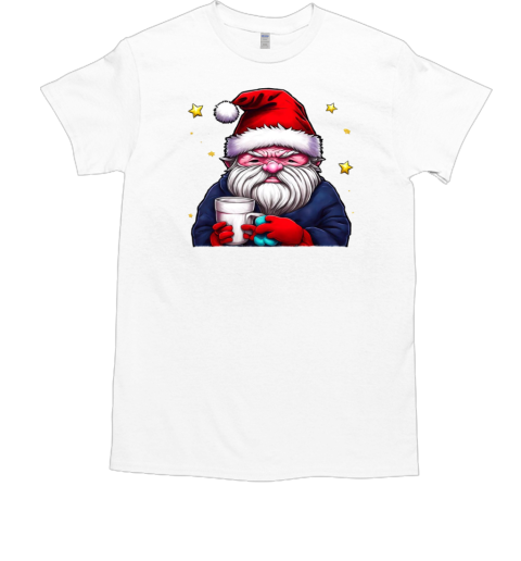 Cartoon Santa Claus with Coffee Cup and Stars T-Shirt