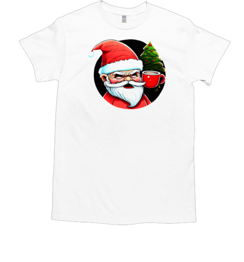 Cartoon Santa Claus with Iced Coffee and Christmas Trees T-Shirt