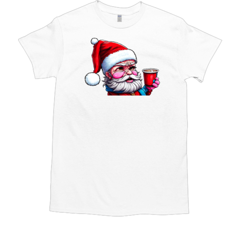 Cartoon Santa Claus with Iced Coffee Cup T-Shirt