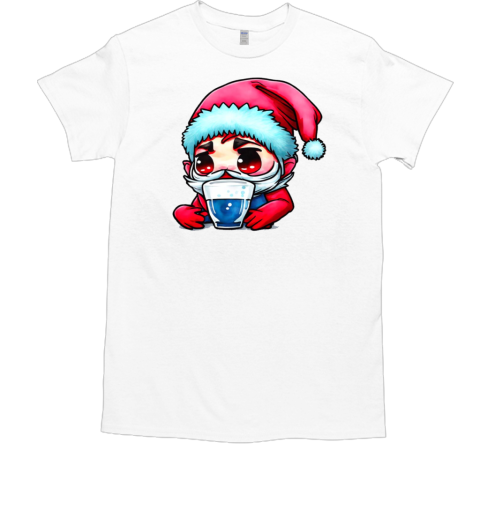 Cartoon Santa with Red Hat and Blue Beard Drinking from Empty Glass T-Shirt