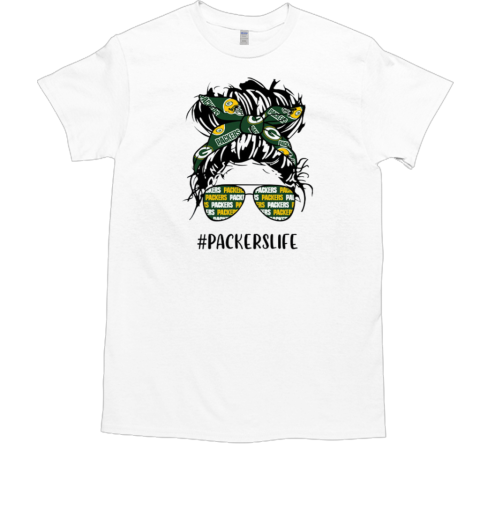 Packers Life Green Bay Packers Messy Bun Girl With Headband And Glasses for Football Lover T-Shirt