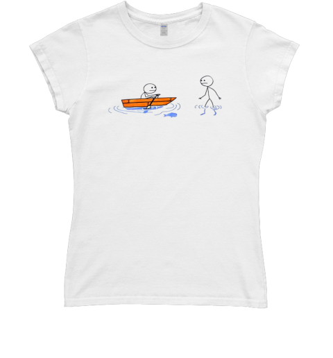 Stick figure rowing a boat with stick figure walking on water T- Classic Women's T-shirt