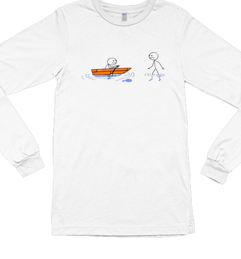 Stick figure rowing a boat with stick figure walking on water T- Long Sleeved T-shirt 