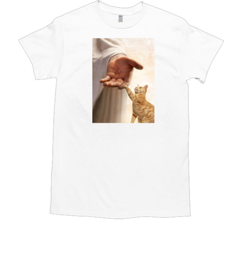 Jesus Christ And Orange Tabby Cat Take My Hand Poster T-Shirt