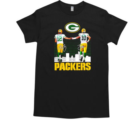 Green Bay Packers Aaron Rodgers x Jordan Love signature skyline T-Shirt