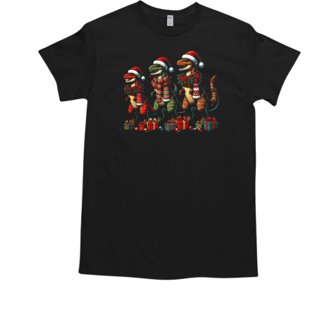 Dinosaur With Santa Hat Merry Christmas T-Shirt