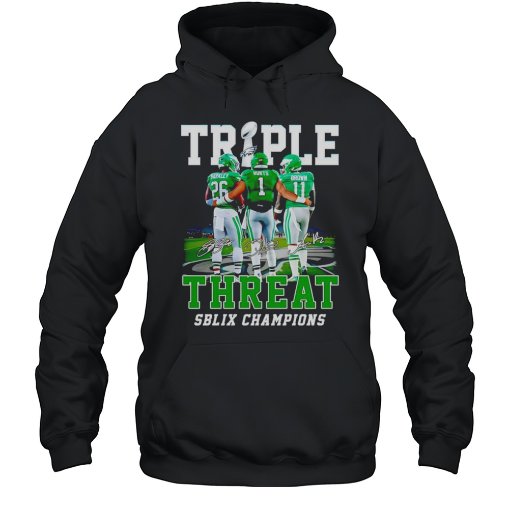 Triple Threat SB LIX Champions Philadelphia Eagles Barkley Hurts And Brown Shirt Unisex Hoodie