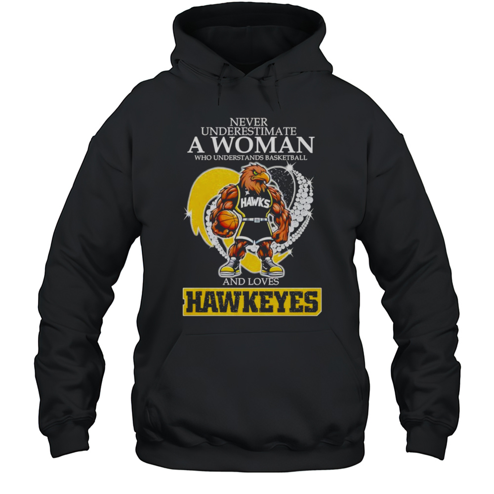Never Underestimate A Woman Who Understands Basketball And Loves Hawkeyes Mascot Shirt Unisex Hoodie