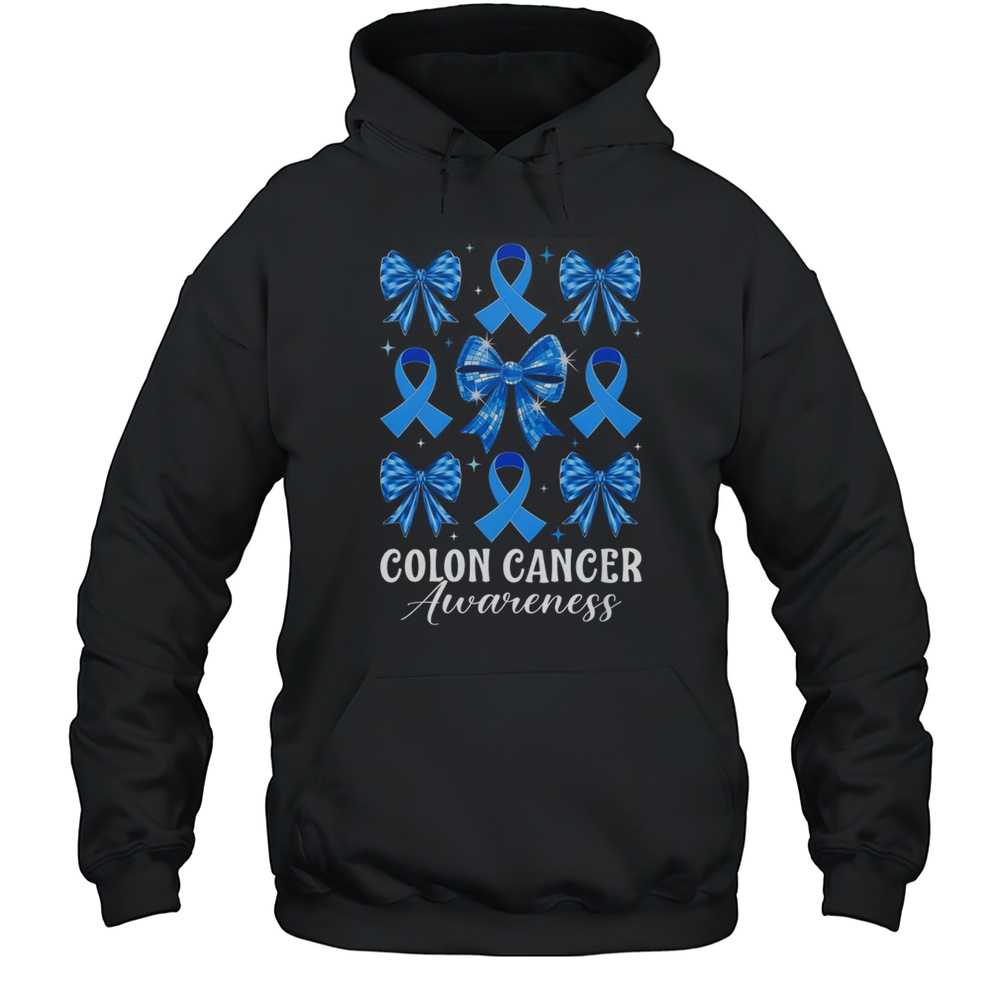 Retro Coquette Bow Blue Ribbon Colon Cancer Awareness Woman Shirt Unisex Hoodie