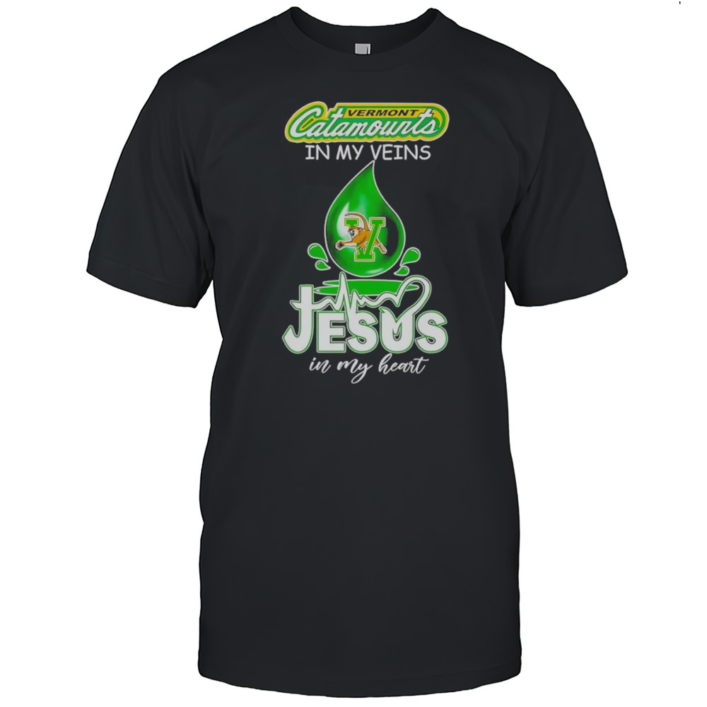 Vermont Catamounts In My Veins Jesus In My Heart Drop Blood Shirt