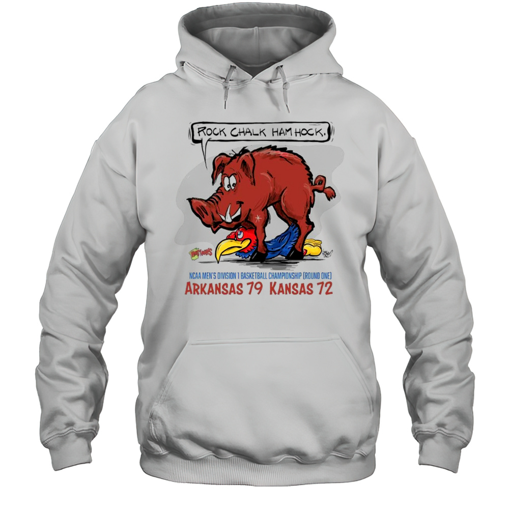 Ncaa Mens Division 1 Basketball Championship Round 1 Arkansas 79 Kansas 72 Rock Chalk Ham Hock Mascot Painting T-shirt Unisex Hoodie