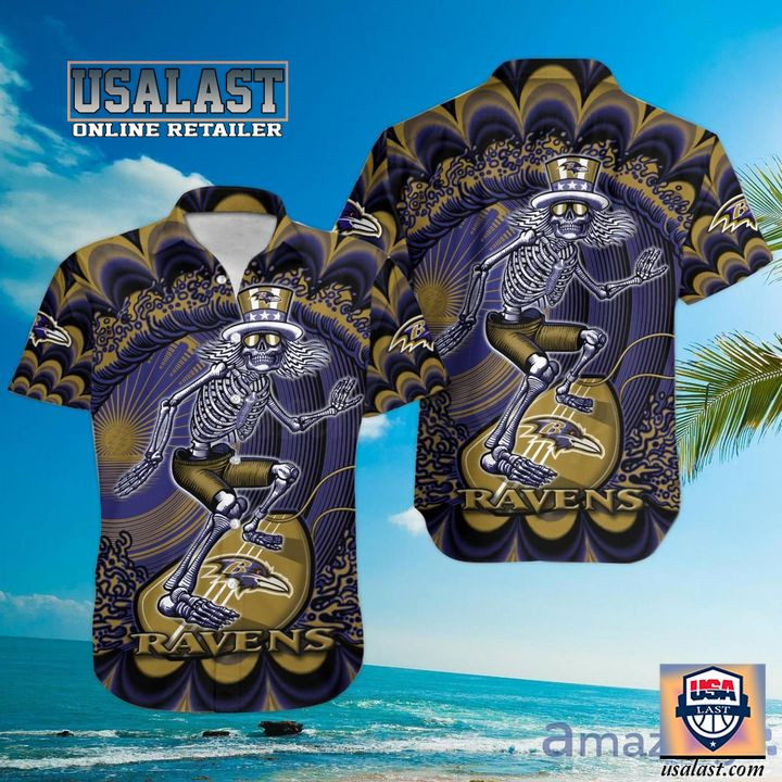 HOT Baltimore Ravens Grateful Dead Surfing Skeleton Hawaiian Shirt