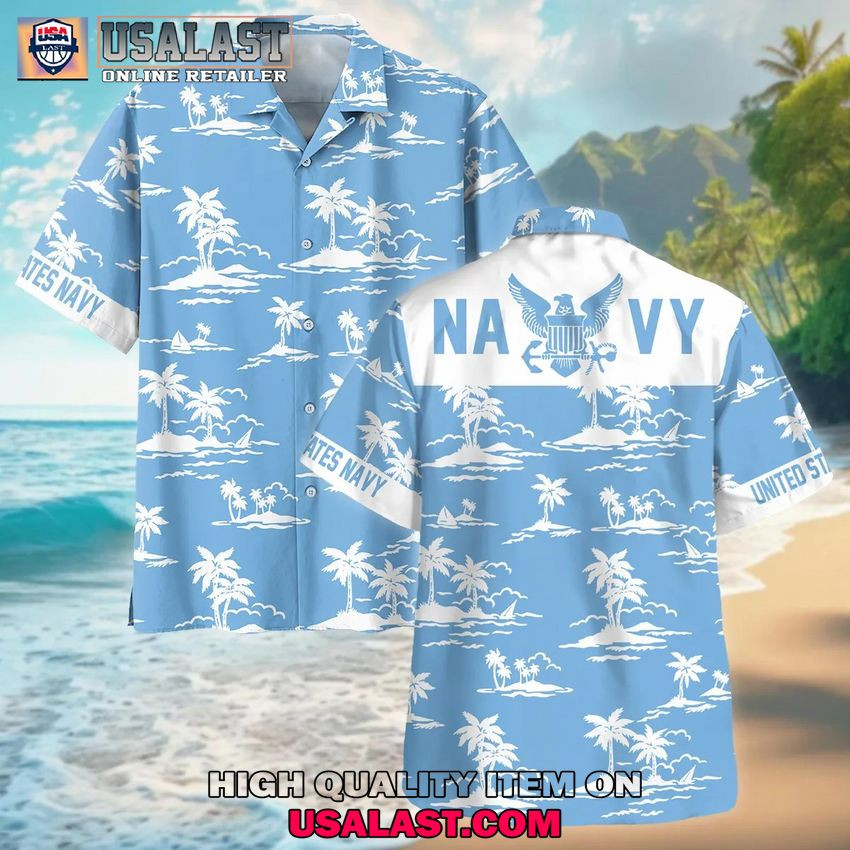 HOT U.S. Navy Ocean Blue Short Sleeve Hawaiian Shirt