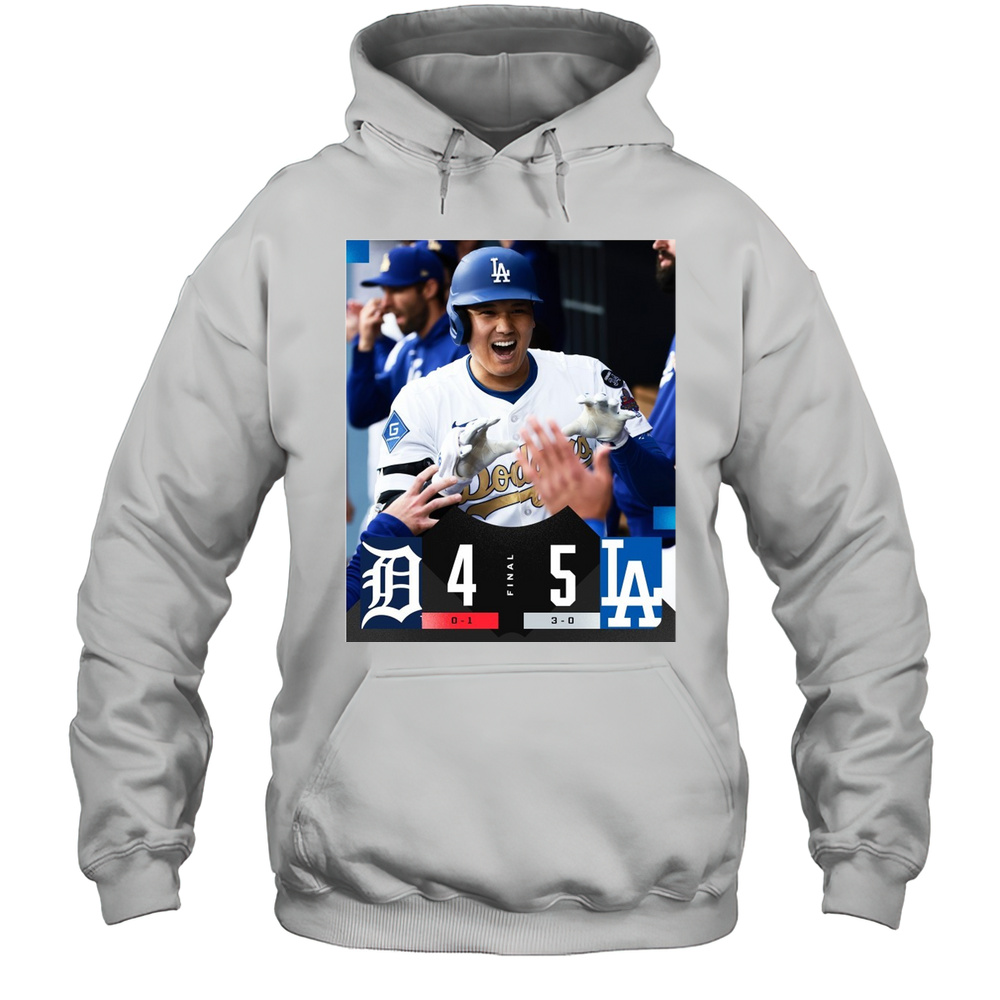 Shohei Ohtani Los Angeles Dodgers Win Detroit Tigers Final Score 5  4 MLB Opening Day Poster T-shirt Unisex Hoodie
