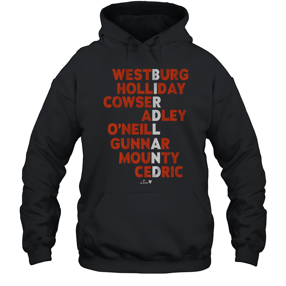 Birdland Names 2025 Baltimore Orioles Baseball MLB Westburg Holliday Cowser Adley Oneill Gunnar Mounty Cedric T-shirt Unisex Hoodie