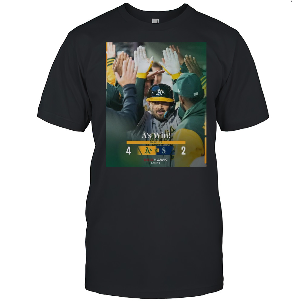 MLB Opening Series Athletics 4-2 Seattle Mariners Final Score March 29 2025 Red Hawk Casino T-shirt MLB Opening Series Athletics 4-2 Seattle Mariners Final Score March 29 2025 Red Hawk Casino T-shirt