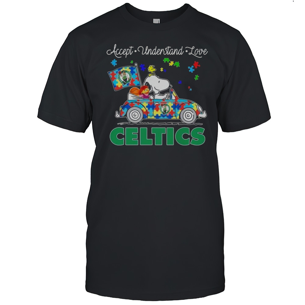 Boston Celtics Snoopy And Muppets Driving Car Autism Accept Understand Love Shirt