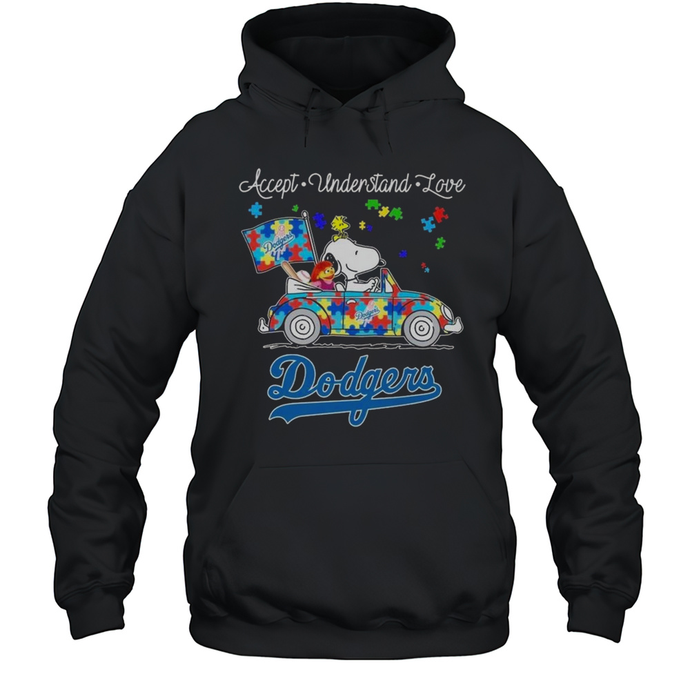 Los Angeles Dodgers Snoopy And Muppets Driving Car Autism Accept Understand Love Shirt Unisex Hoodie