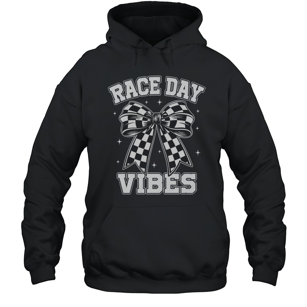 Race Day Vibes Checkered Coquette Bow Car Racing Mom Womens Shirt Unisex Hoodie