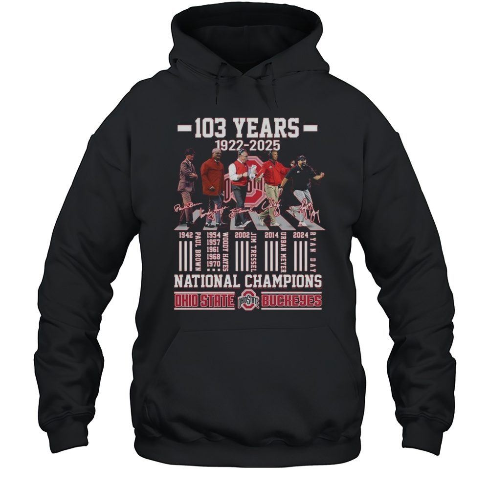 Ohio State Buckeyes 103 Years 1922 2025 National Champions Signatures Walking Shirt Unisex Hoodie