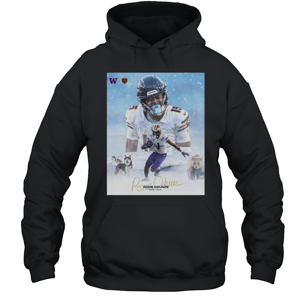 Poster Washington Huskies X Chicago Bears Rome Odunze Round 1 Pick 9 Signature T-shirt Unisex Hoodie