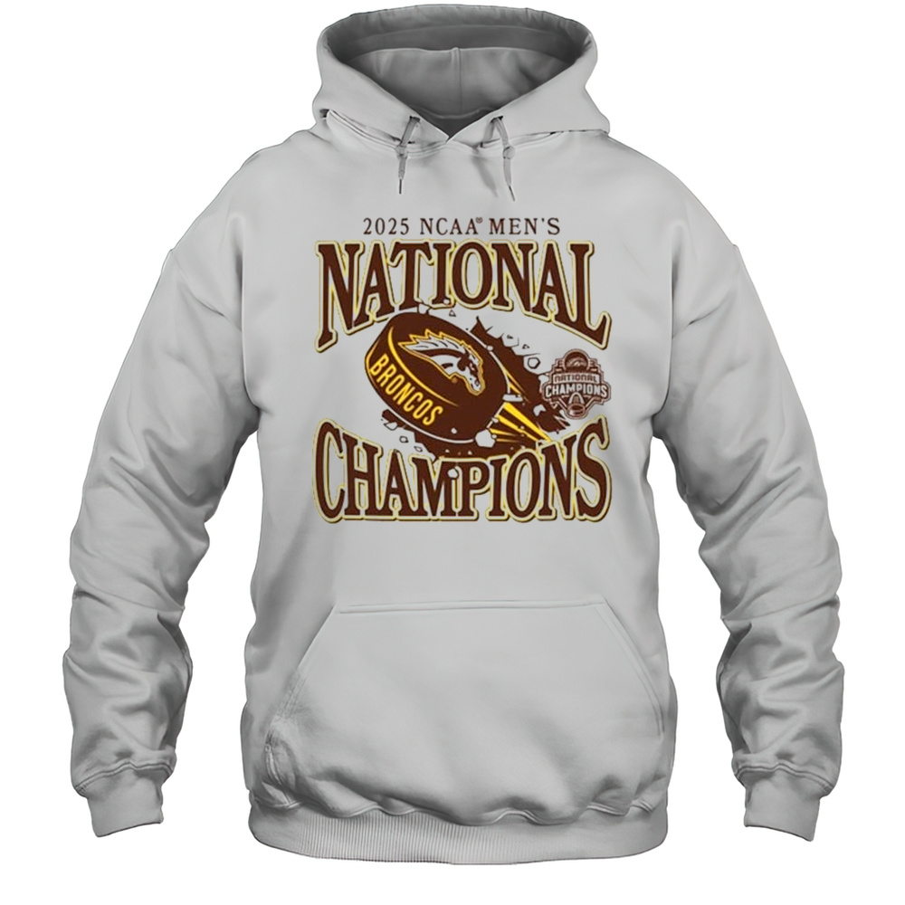 Western Michigan Broncos 2025 National Mens Hockey Champions Win Boston University Terriers Logo T-shirt Unisex Hoodie