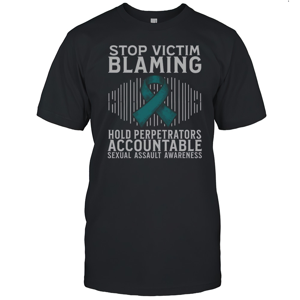 Top Stop Victim Blaming Support Sexual Assault Awareness Teal Ribbon T-Shirt