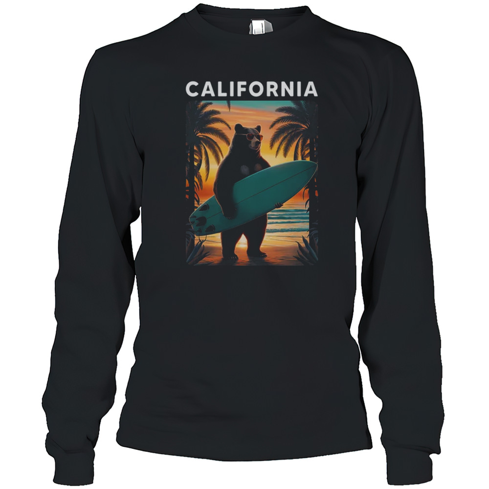 California Cool Republic Bear Surfing Beach California Retro Shirt Long Sleeved