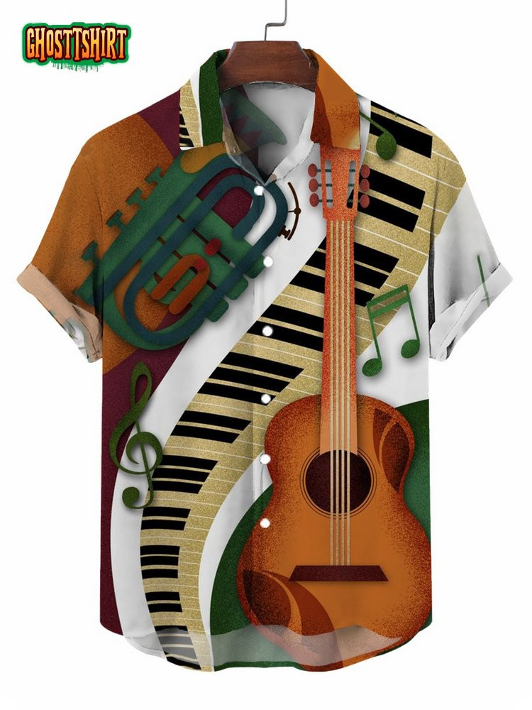 Cartoon Musical Print Short Sleeve Button Down Shirt Cartoon Musical Print Short Sleeve Button Down Shirt
